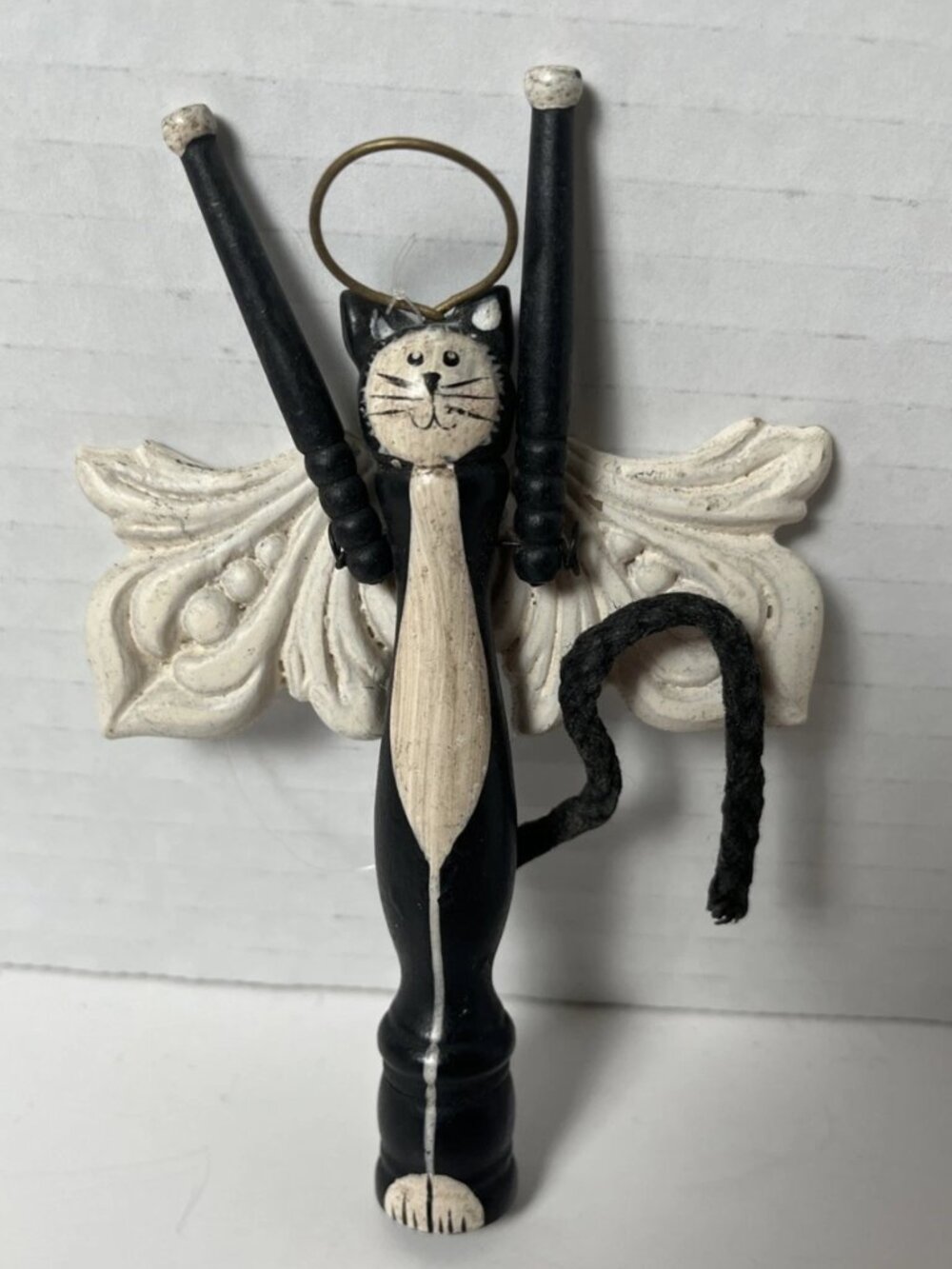 Primitive Black Cat Angel Ornament Jointed Wood Folk Art Christmas Decor - Picture 2 of 10